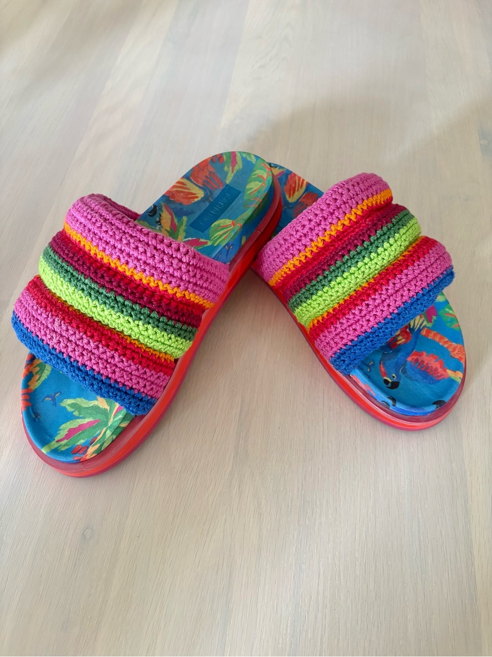 FARM Rio Rainbow Crochet Strap Slide Sandals in Pink, Green, Blue, Orange - Picture 2 of 8